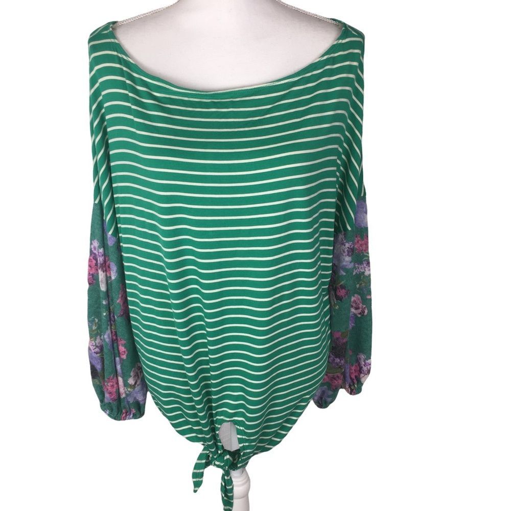 NWOT White Birch Green Striped Floral Balloon Sleeves Top Size XL Tie Front
